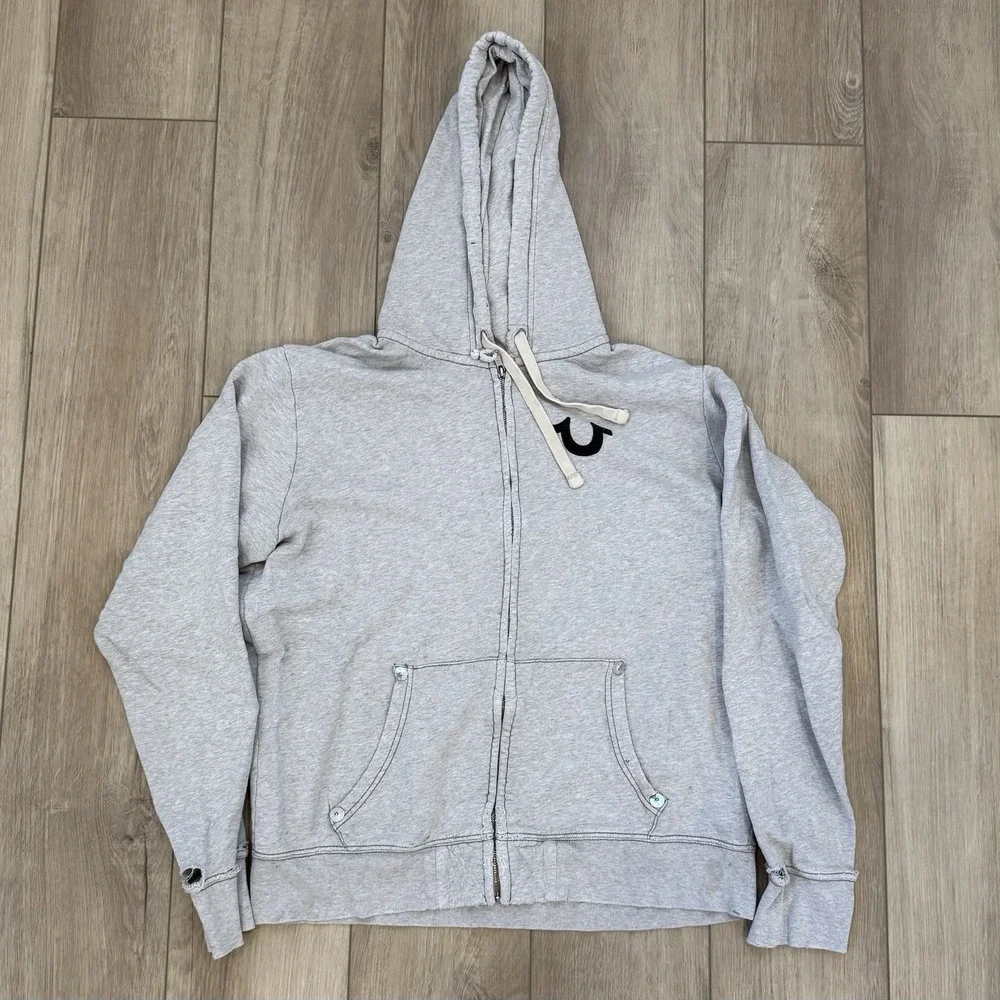 True Religion Distressed Light Gray Full Zip Hoodie Adult Size XL Streetwear